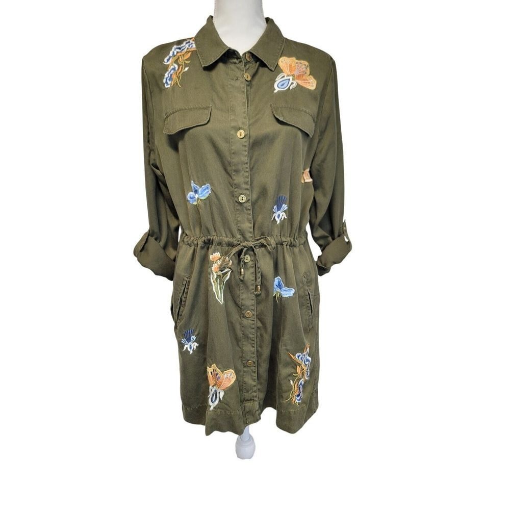 Chico's Olive‎ Green Drawstring Waist Embroidered Jacket Womens Chico's Size 1